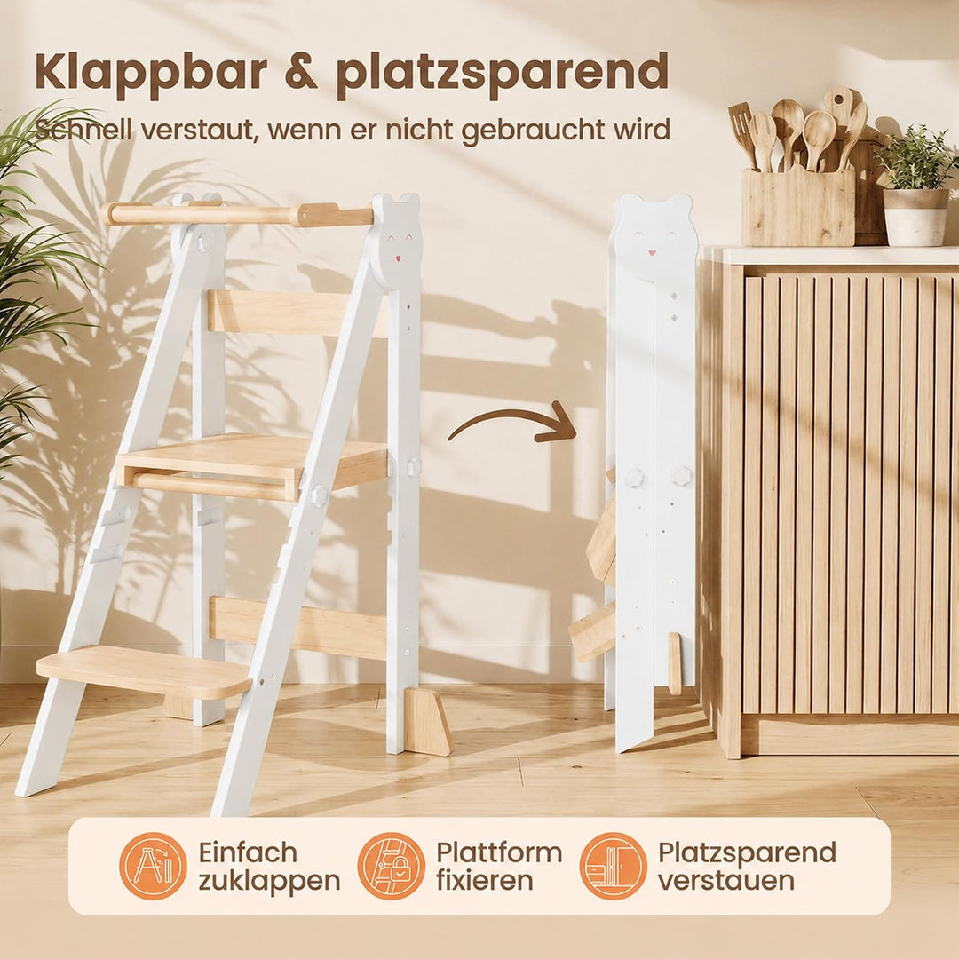 Lernturm Klappbar &amp; 3-Fach Höhenverstellbar - Kippsicherer Learning Tower aus Kiefernholz - Mitwachs