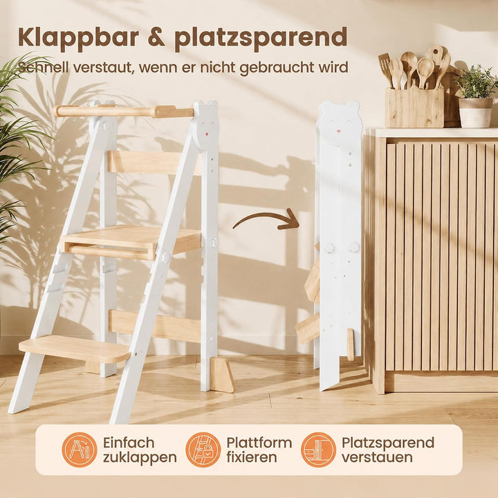 Lernturm Klappbar &amp; 3-Fach Höhenverstellbar - Kippsicherer Learning Tower aus Kiefernholz - Mitwachs