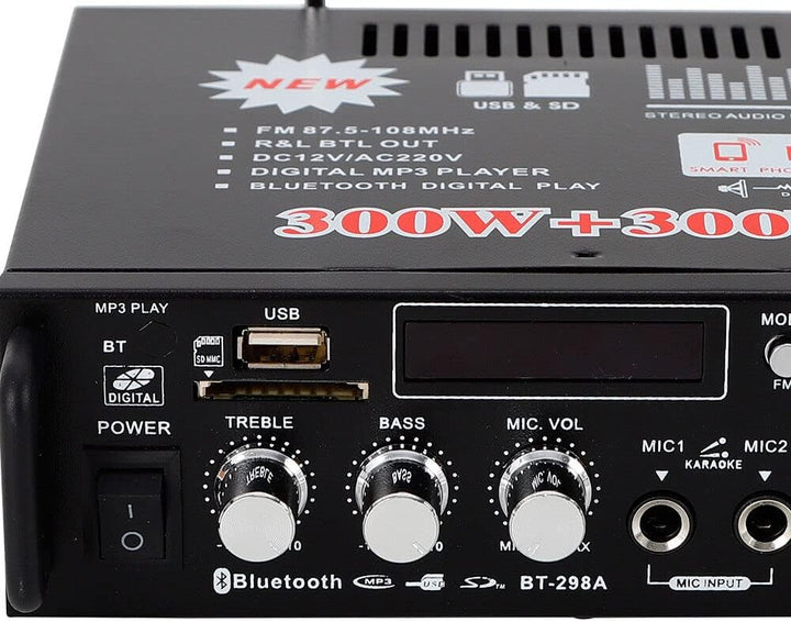 MBUYI HiFi Verstärker mit Bluetooth, Stereo Audio Receiver mit 2 Mikrofoneingang Echo, Amplifier End