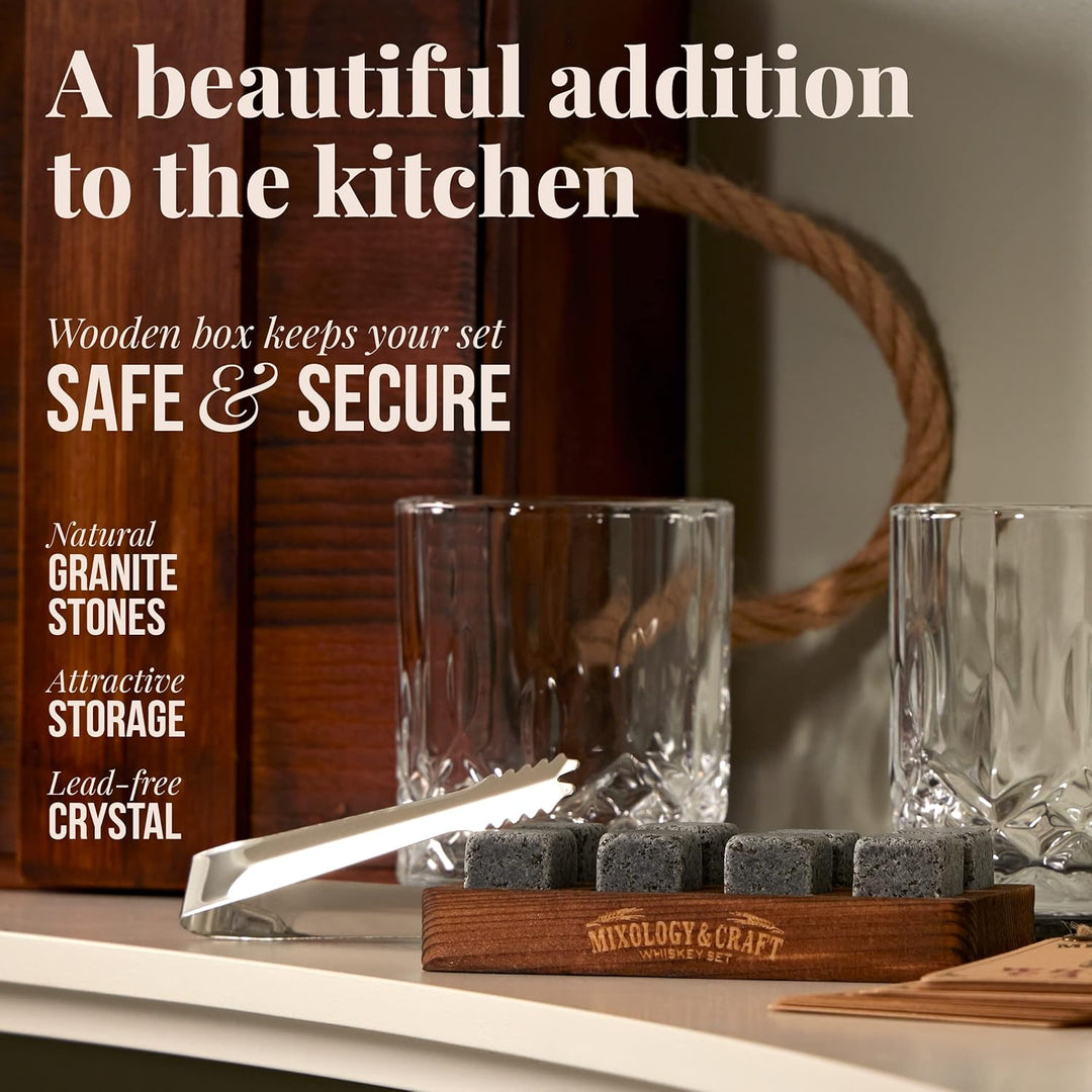 Mixology & Craft Whiskey Stones Geschenkset für Männer - 2 Gläser, 8 Kühlsteine & Holzkiste - Whiske