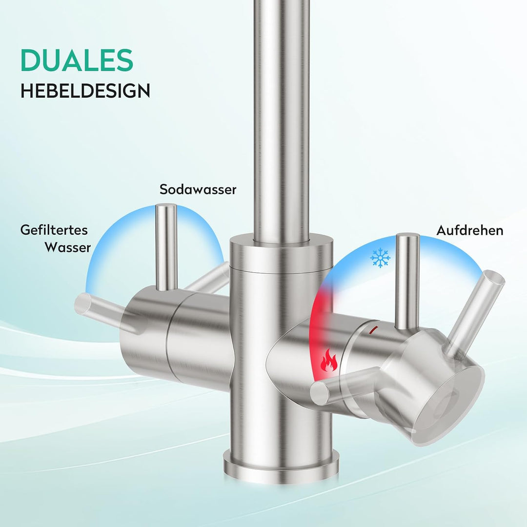 CREA 4 Wege Wasserhahn Küche, Küchenarmatur mit Sodawasser, 360° Drehbar Vier Wege Mischbatterie Küc