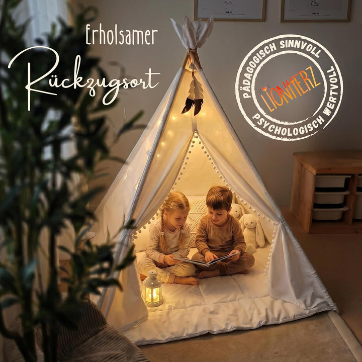 LIONHERZ® DAS ORIGINAL Tipi Zelt für Kinder aus 100% Baumwolle mit Federdeko, Kuschelmatte, Tragetas
