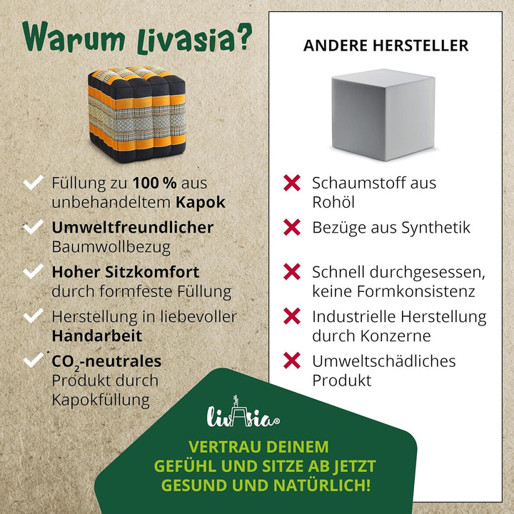 livasia Würfelkissen quadratisch, Sitzhocker mit organischem Kapok, Sitzpouf, Lagerungswürfel vierec