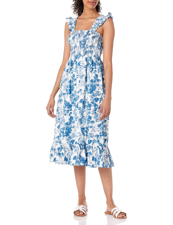 The Drop Damen Kimi Gesmoktes Midikleid mit Gerüschter Schulter Dresses 4XL Grosse Grössen Blaues Bl