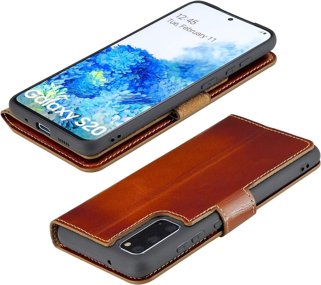 Suncase Book-Style Hülle kompatibel mit Samsung Galaxy S20 Leder Tasche (Slim-Fit) Lederhülle Handyt
