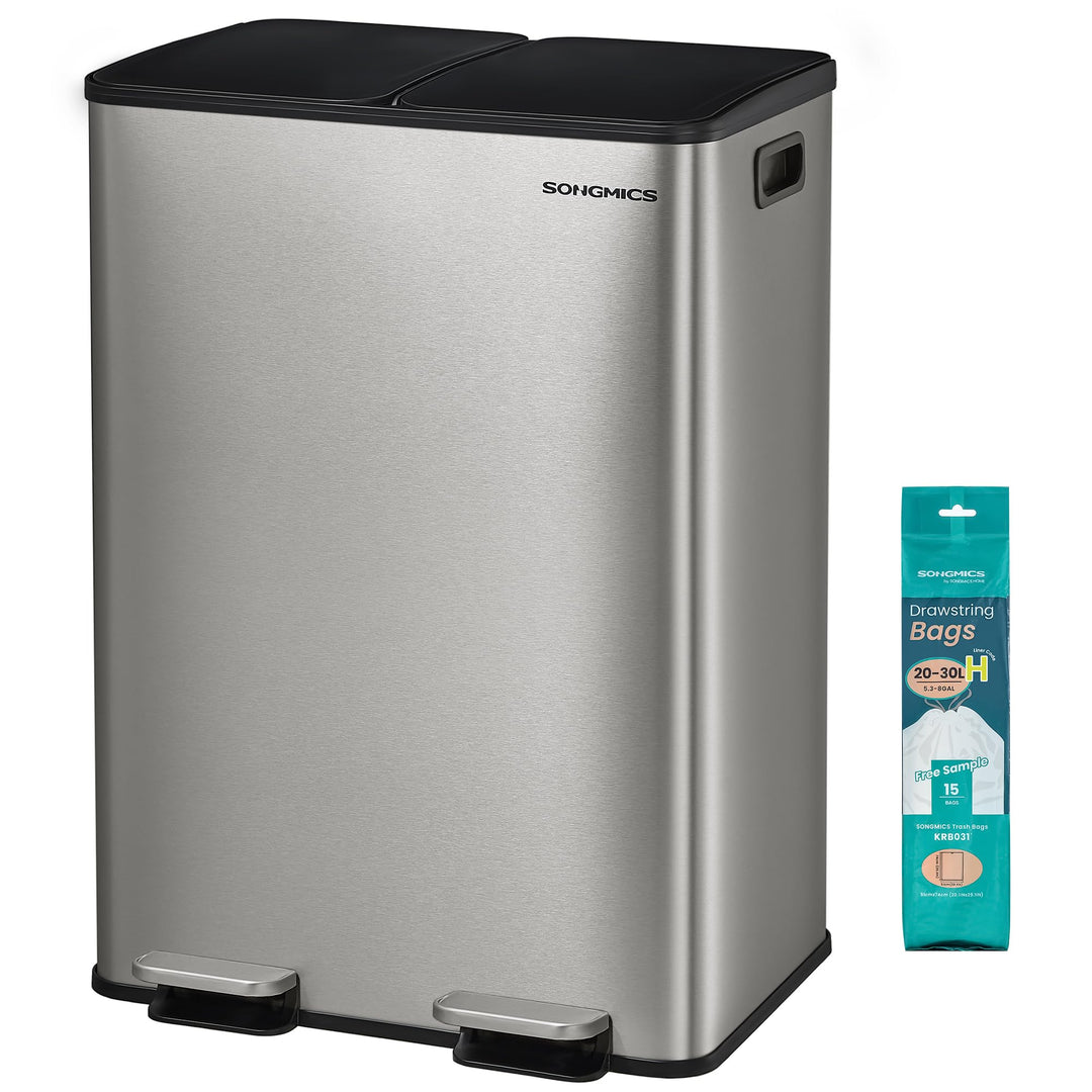 SONGMICS Mülleimer Küche, 2 x 30 Liter, 2 Fächer, Abfalleimer, Tretmülleimer, Küchenmülleimer mit So
