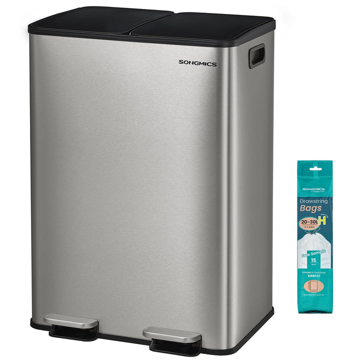 SONGMICS Mülleimer Küche, 2 x 30 Liter, 2 Fächer, Abfalleimer, Tretmülleimer, Küchenmülleimer mit So