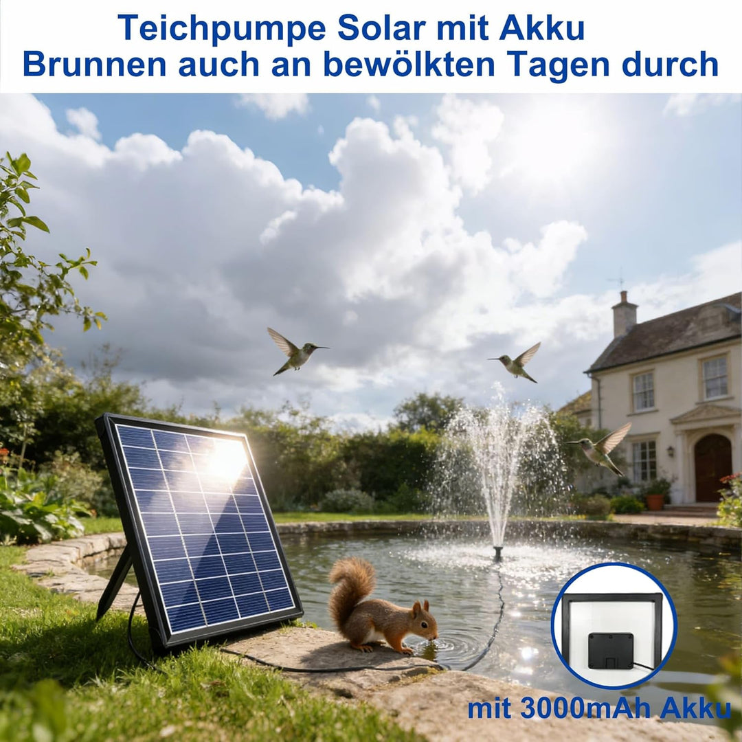 Biling 6W Solar Springbrunnen für aussen mit Akku, 10 Fontänenstilen und mit 3000 mAh Batterie Solar