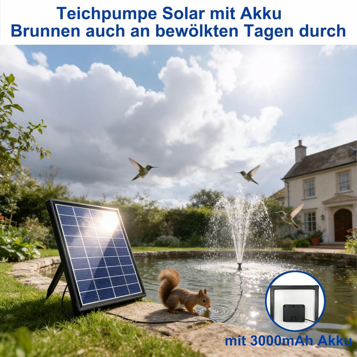Biling 6W Solar Springbrunnen für aussen mit Akku, 10 Fontänenstilen und mit 3000 mAh Batterie Solar