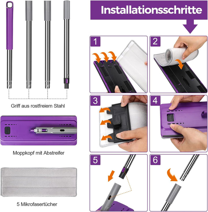 MASTERTOP Wischmopp Set mit Eimer, Bodenwischer Set mit 5 Mikrofaser Pads und Edelstahl Griff, Flach