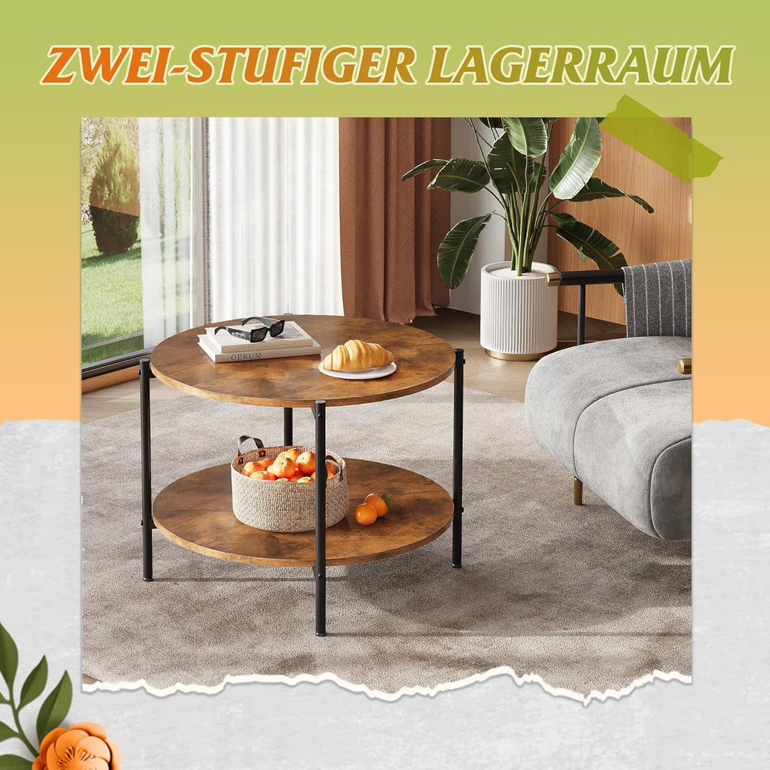 WLIVE Runder Couchtisch Weiss, Wohnzimmertisch Holz mit 2 Ebenen, Sofatisch mit viel Stauraum, für W
