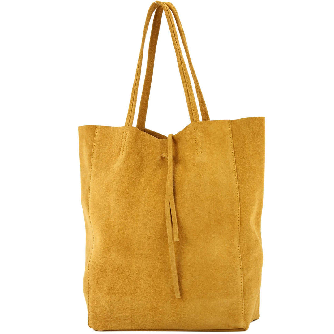 modamoda de - T163 - Ital. Shopper Large mit Innentasche aus Leder Senfgelb Wildleder, Senfgelb Wild