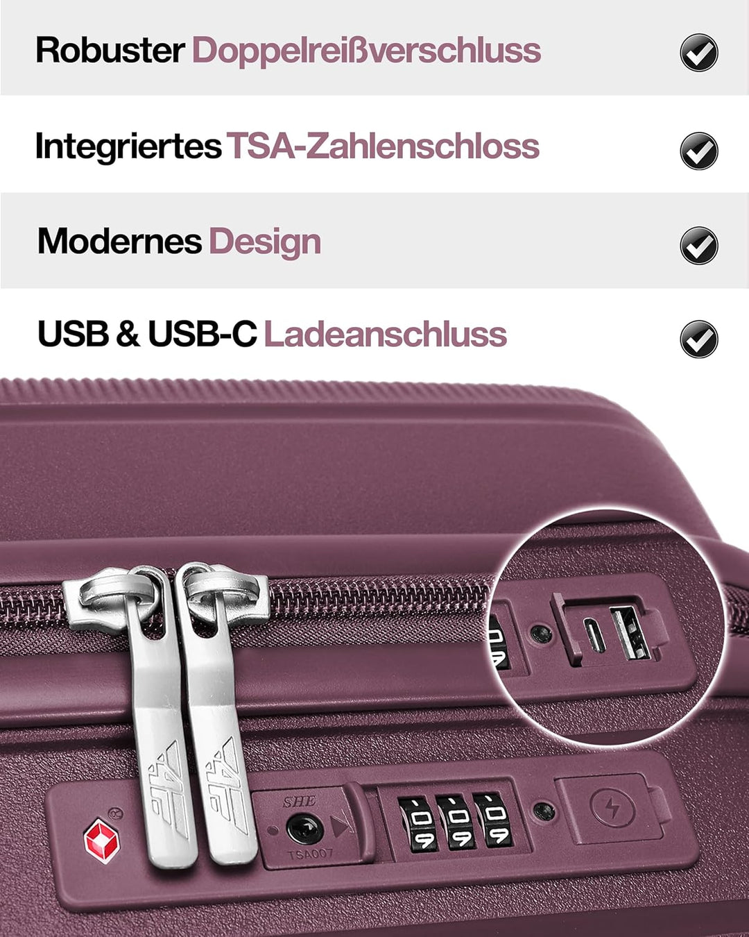 Leichter Hartschalen-Handgepäckkoffer M – 55×37×20 cm (35L), Kabinenkoffer mit TSA-Schloss, USB-Lade
