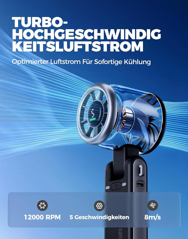 Diveblues Tragbarer Turbo Handventilator, 9m/s Hohe Geschwindigkeit, 5-stufiger Wind, wiederaufladba