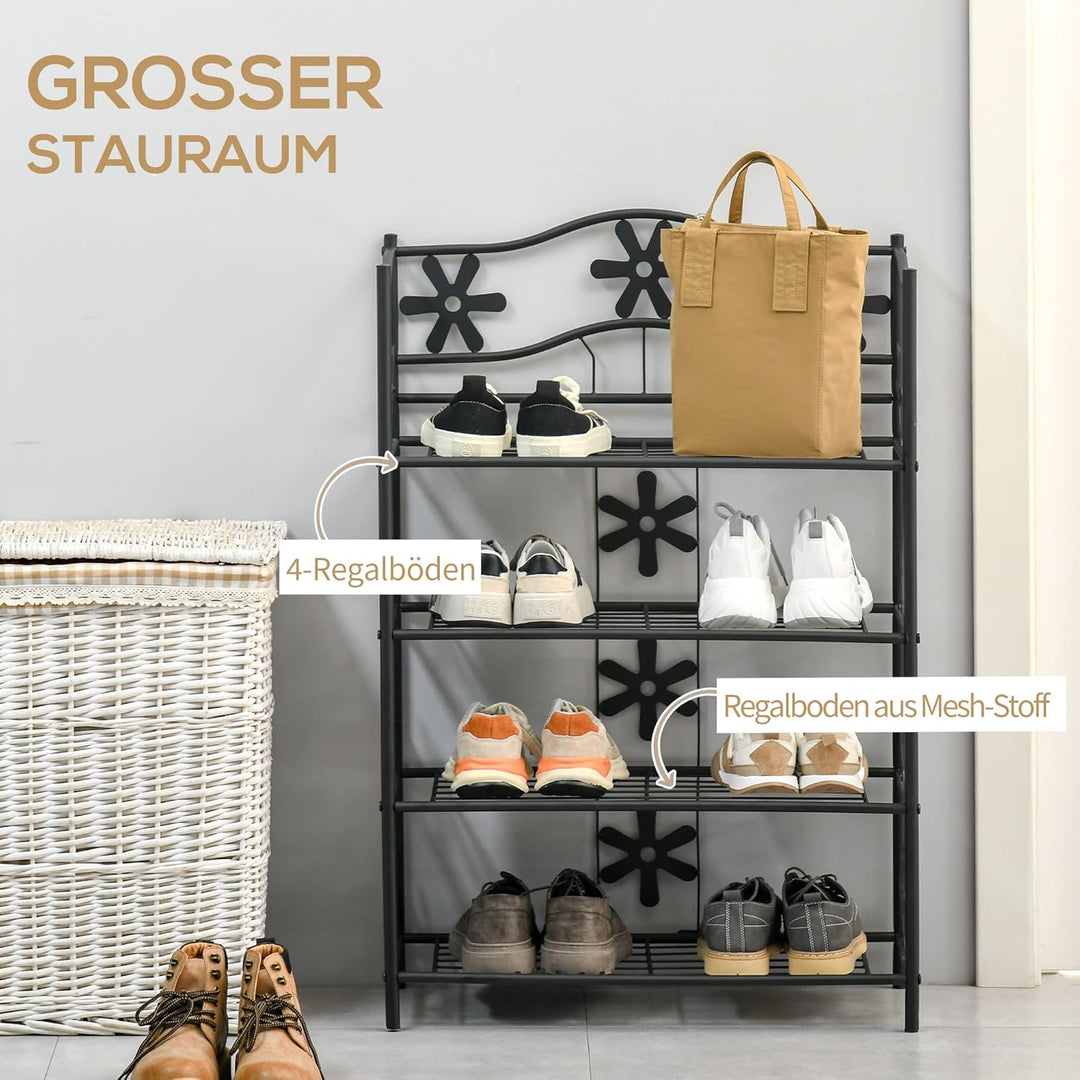 HOMCOM Schuhregal Pflanzenregal 4 Ebenen Metall 59,5 x 30 x 92 cm Schwarz | Blumenregal, Standregal,