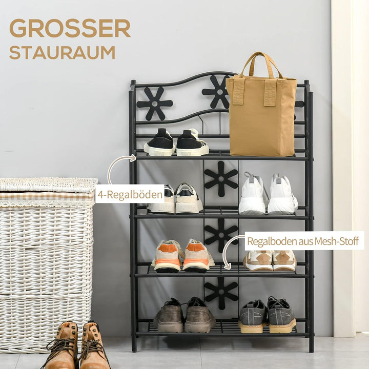 HOMCOM Schuhregal Pflanzenregal 4 Ebenen Metall 59,5 x 30 x 92 cm Schwarz | Blumenregal, Standregal,