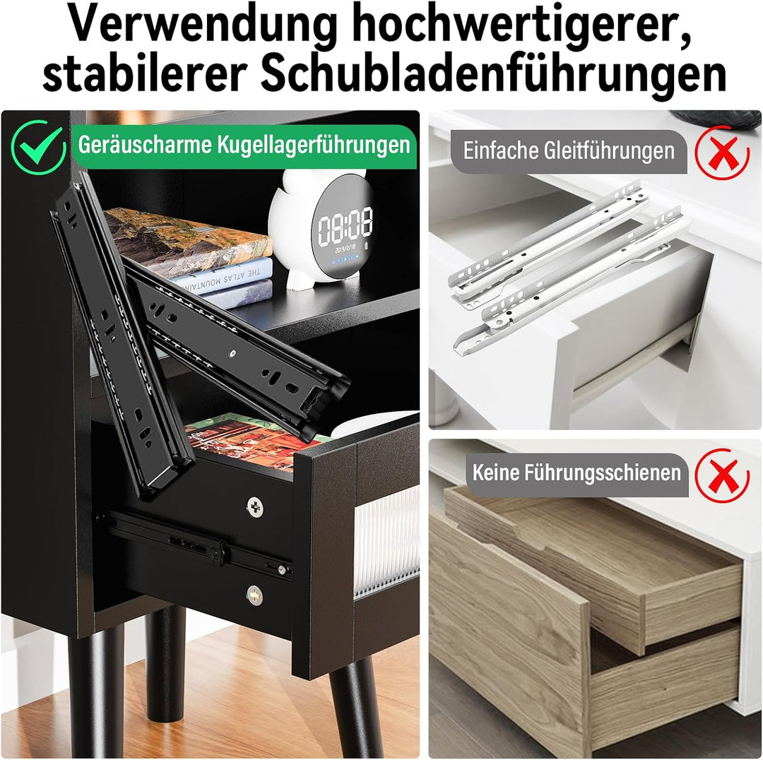 Nachttisch mit Steckdose und Ladefunktion, 2 AC-Steckdosen, 2 USB-Anschlüsse, Nachtschrank mit 16 Fa