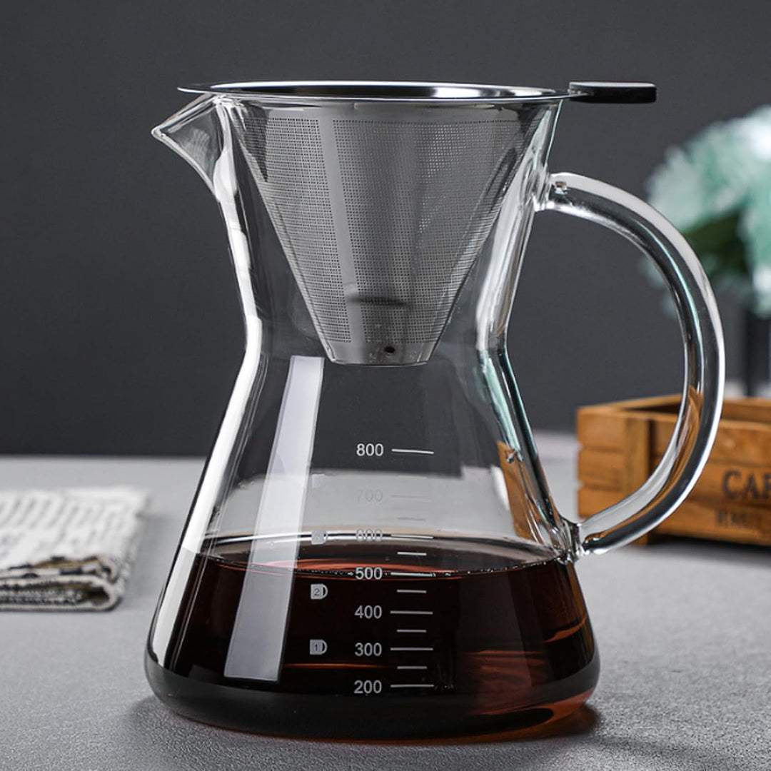 Pour Over Kaffeebereiter, 800 ml Borosilikat Glaskanne mit doppelschichtigem Edelstahlfilter, Kaffee