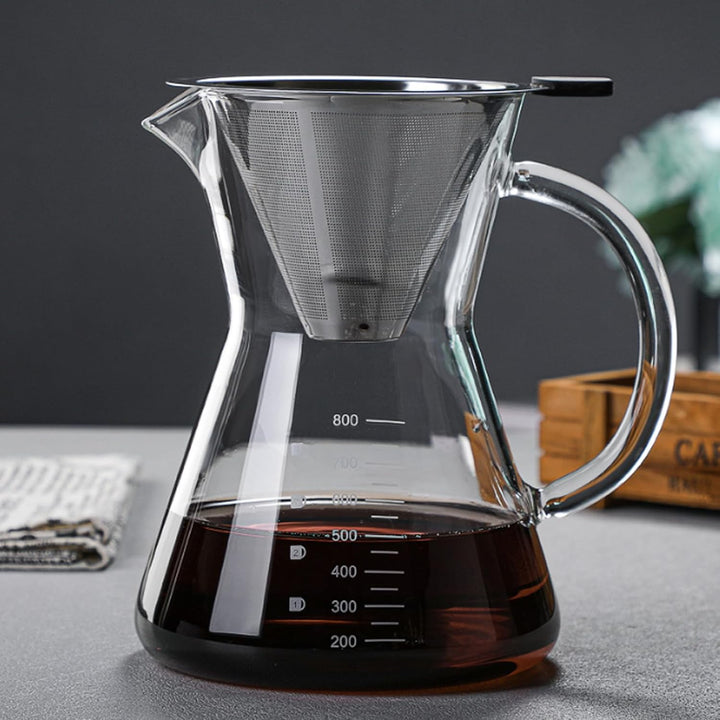 Pour Over Kaffeebereiter, 800 ml Borosilikat Glaskanne mit doppelschichtigem Edelstahlfilter, Kaffee