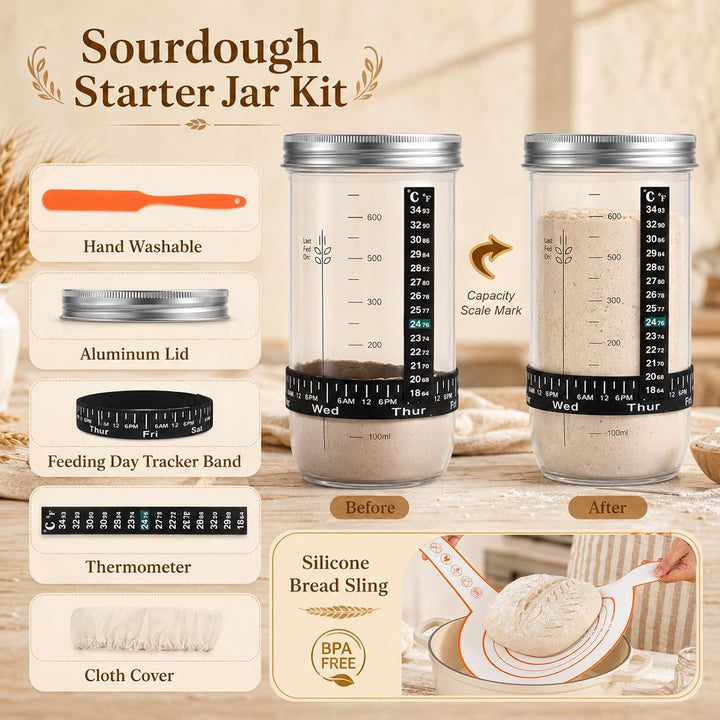 Sauerteig Starter Set 16-teilig, Gärkörbchen Set 10 Zoll Oval &amp; 9 Zoll Rund, Brotbackset mit Starter