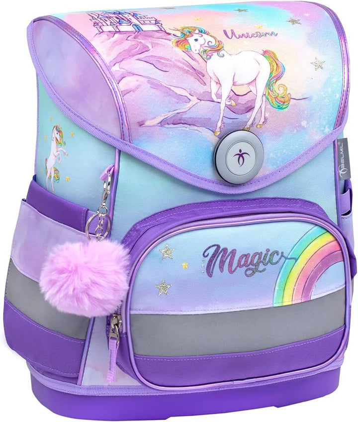 Belmil ergonomischer Schulranzen Set 4 -teilig für Mädchen 1-4 Klasse Grundschule/Brustgurt/Magnetve