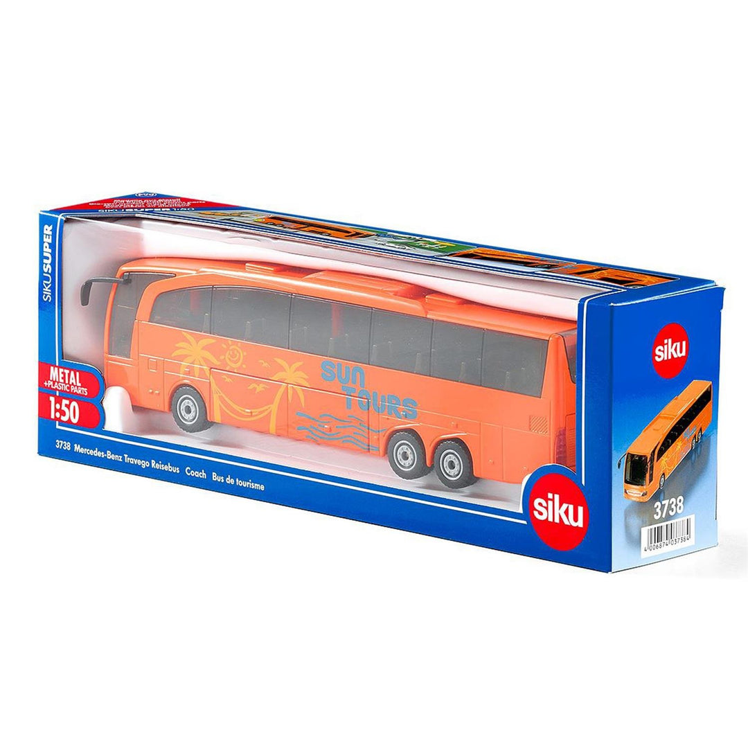 siku 3738, Mercedes-Benz Travego Reisebus, 1:50, Metall/Kunststoff, Orange, Öffenbare Türen und Klap