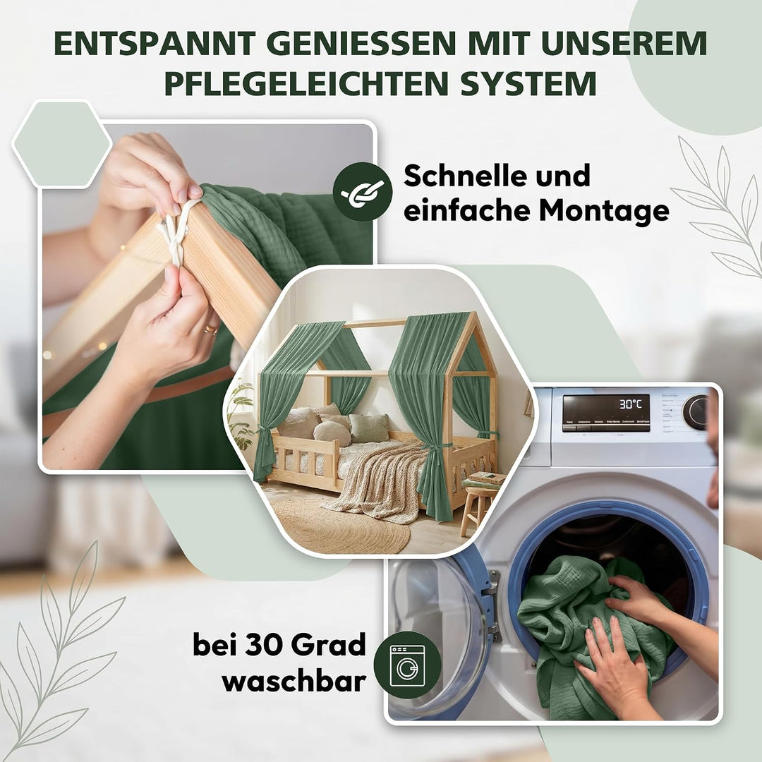 Hausbett Himmel Kinder Betthimmel Kinderbett mit 3m Wimpelkette, Dunkelgrün Dunkelgrün H270 x B135 c