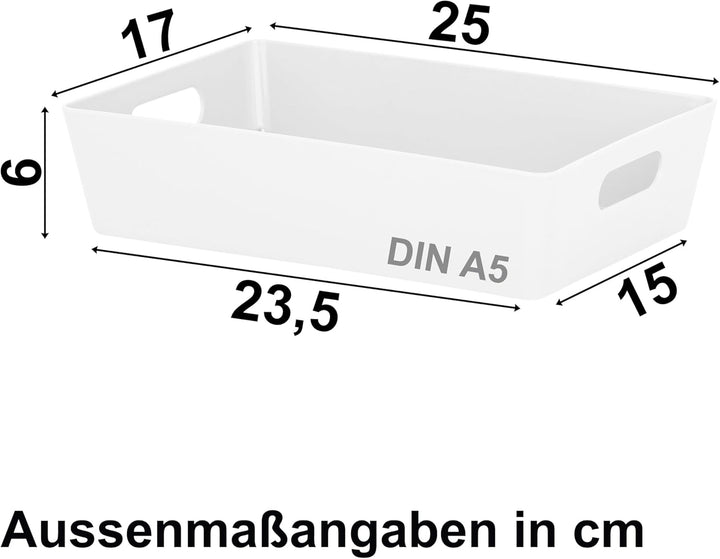 6x Ordnungsboxen - 6 cm hoch - WEIss - 25x17x6cm - 2 Liter - DINA5 - Ordnungskorb - Schubladenorgani