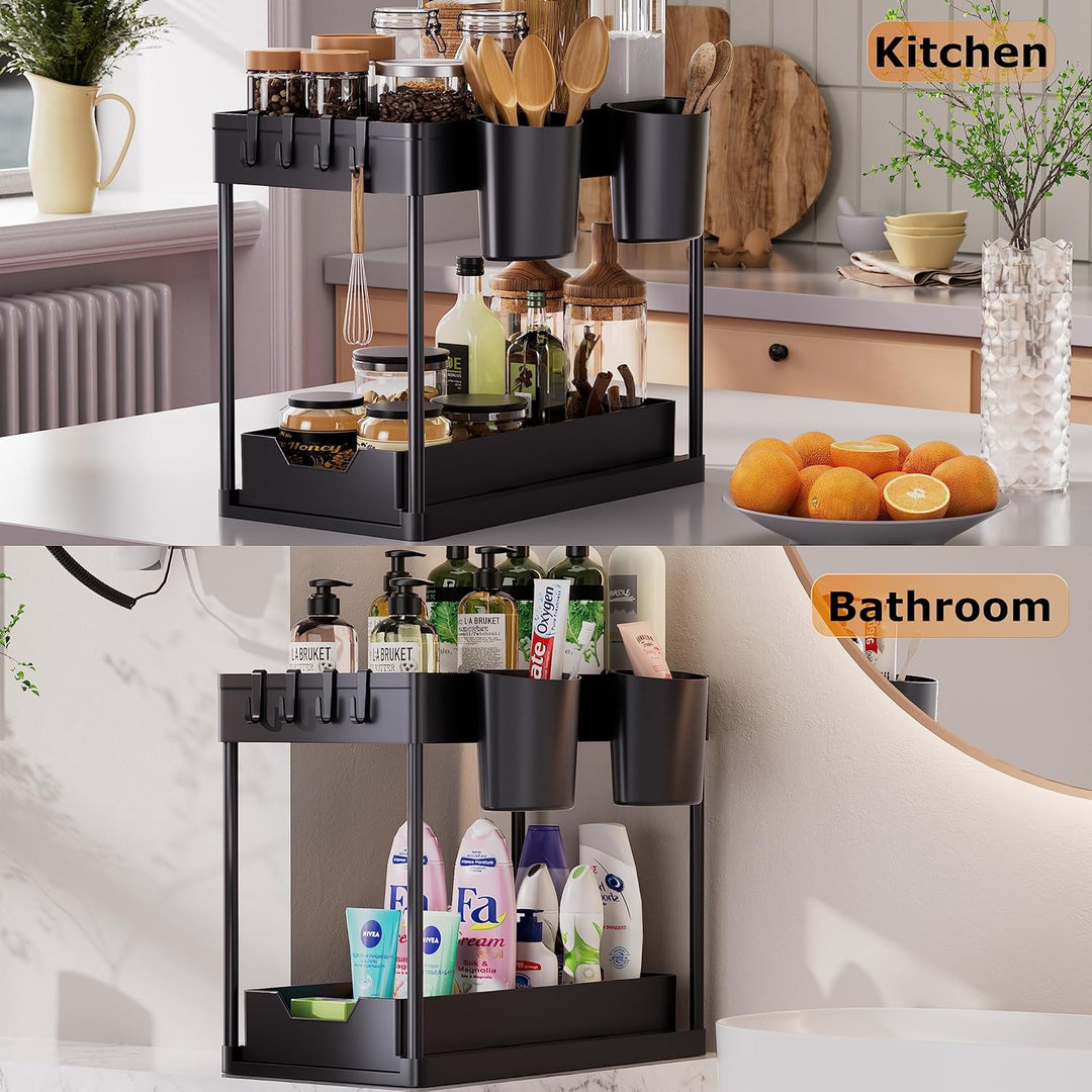 AIXPI Küchen Organizer 2 Etagen, Unter Waschbecken Regal mit Haken und Tasse Gewürzregal Spülschrank