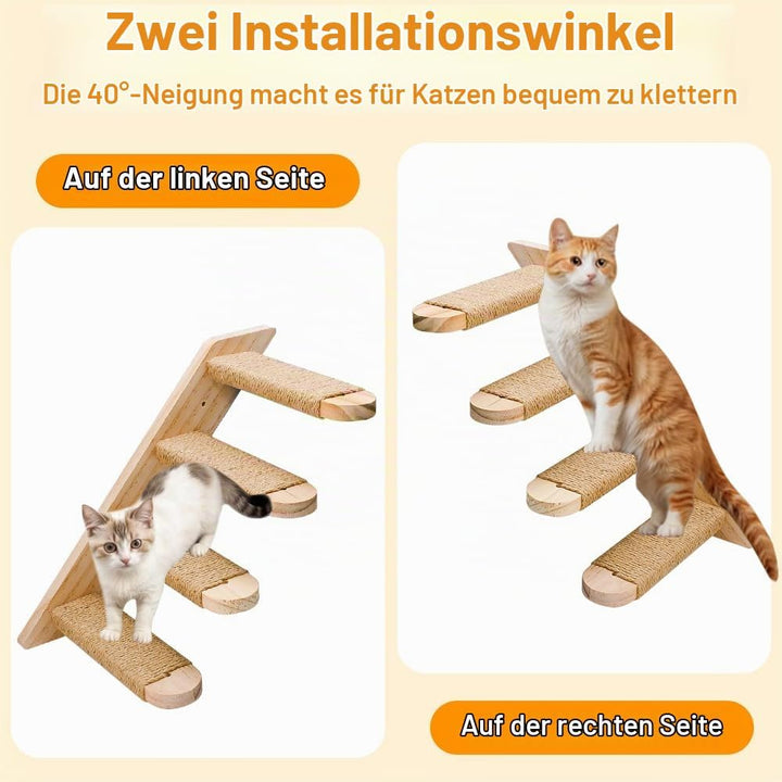 Katzentreppe Kletterwand Holz 4 Stufen Katzenleiter mit Juteseil &amp; Spielangel bis 15kg Traglast für