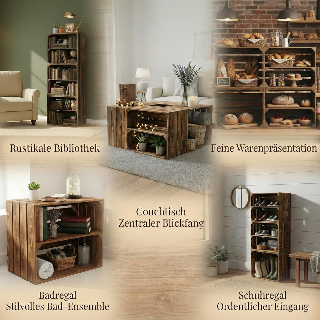 Massive Holzkisten als Schuhregal / Bücherregal LEICHT GEFLAMMT mit Zwischenbrett (verschraubt) Apfe