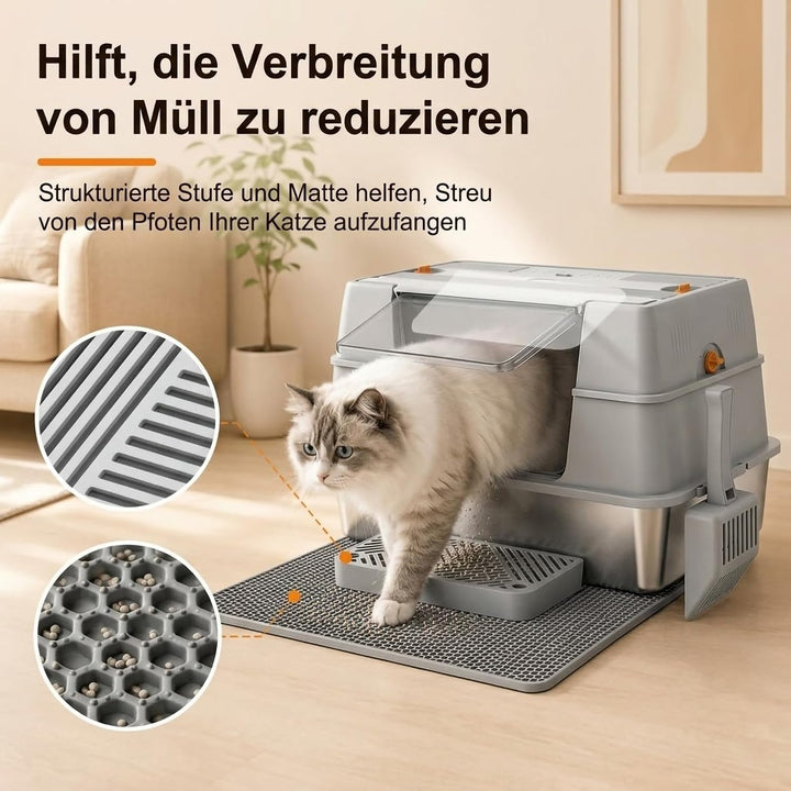 Geschlossene Katzentoilette aus Edelstahl mit Deckel, seitlicher Einstieg aus Metall für grosse Katz