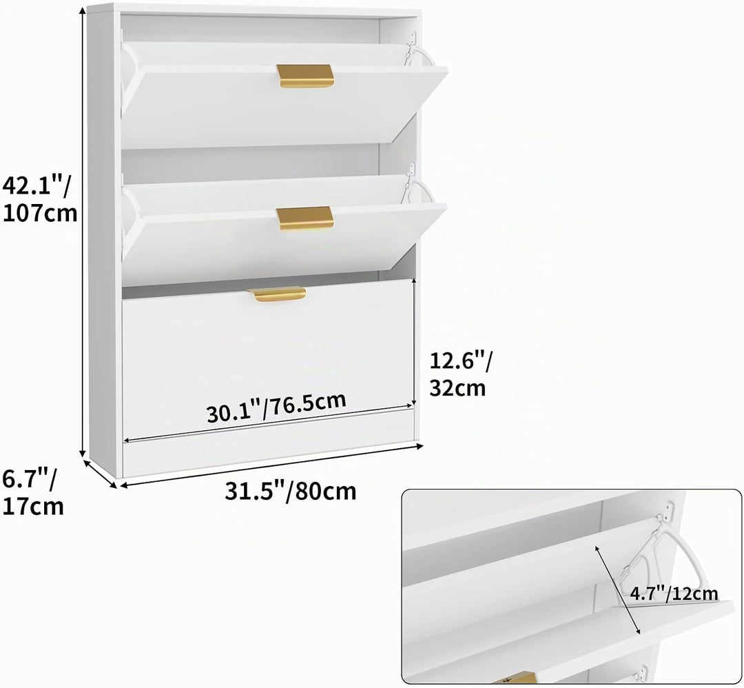 VOWNER Schuhschrank mit 3 Klappen Schmal Schuhkipper Weiss 80x17x108 cm | Platzsparender Schuhregal