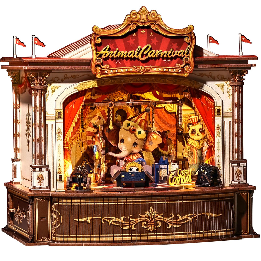 CUTEBEE 3D Holzpuzzle für Erwachsene - Rotierende Spieluhr Miniatur Haus Tier-Karneval 3D Puzzle Mod