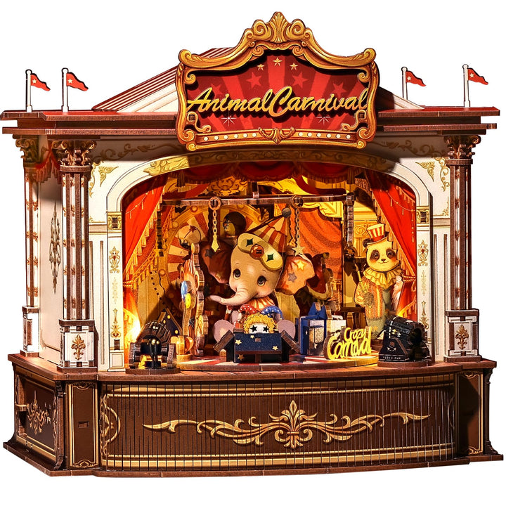 CUTEBEE 3D Holzpuzzle für Erwachsene - Rotierende Spieluhr Miniatur Haus Tier-Karneval 3D Puzzle Mod