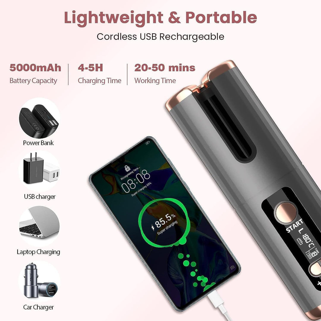 Automatischer Lockenstab, USB, wiederaufladbar, tragbar, 6 Temperaturen und Timer von 8-18 Sekunden