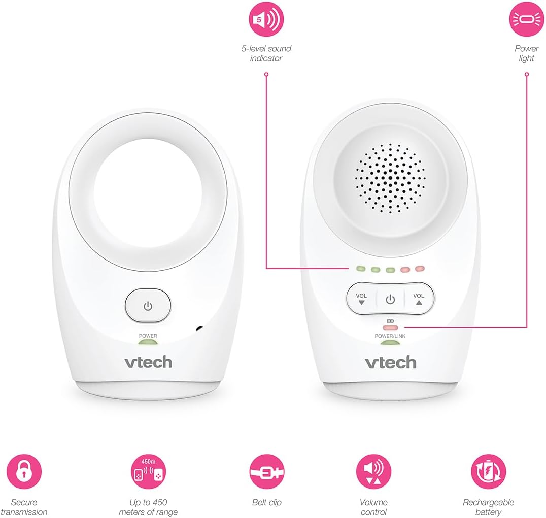 VTech Digitales Audio-Babyphon DM1111 – DECT-Technologie, Geräuschpegelanzeige, Gürtelclip u. v. m.
