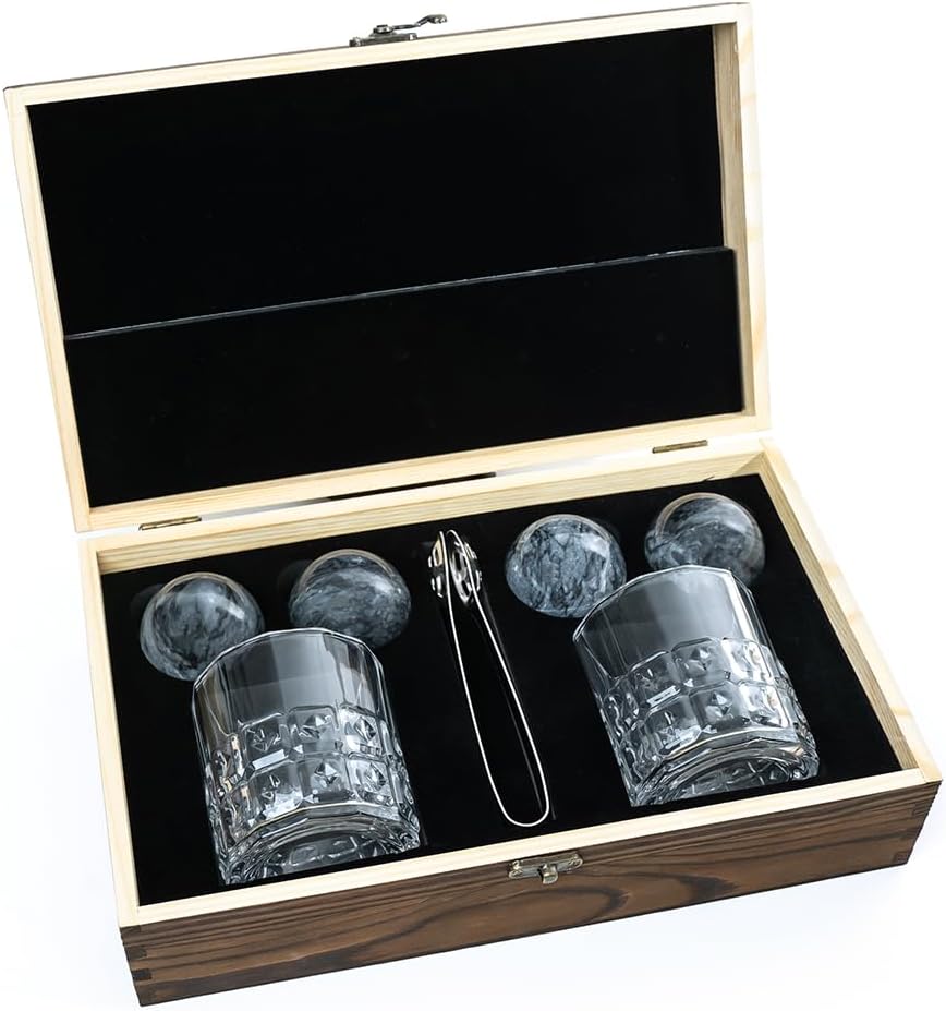 B'ROCKS Premium Kühlsteine | Whisky Steine Set | Geschenkset 4 Granit Steinkugeln 5cm Ø mit 2 Tumble