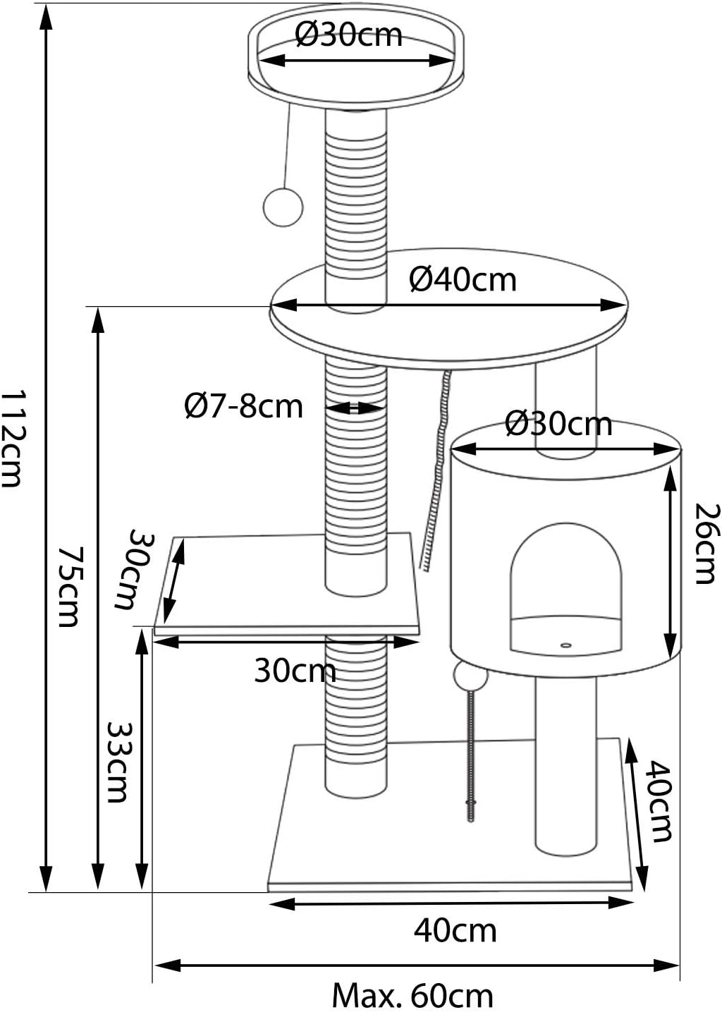 lionto Kratzbaum für Katzen mit 2 Plüschbällen &amp; Spielseil, Höhe 112 cm, Katzenbaum mit Sisalseil &amp;