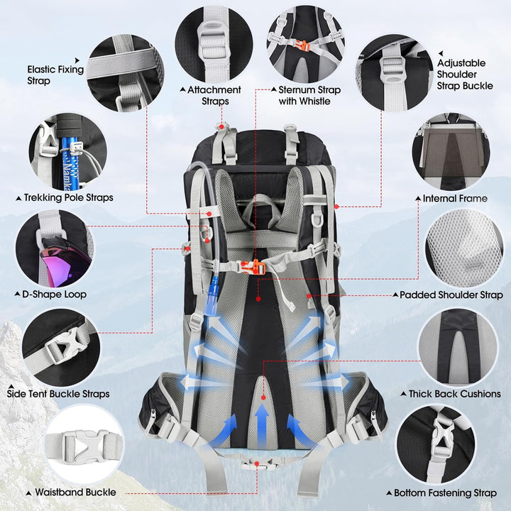 IGOLUMON Wanderrucksack 60L Herren Damen Trekkingrucksack Reiserucksack Grosser Wasserdicht Wandern