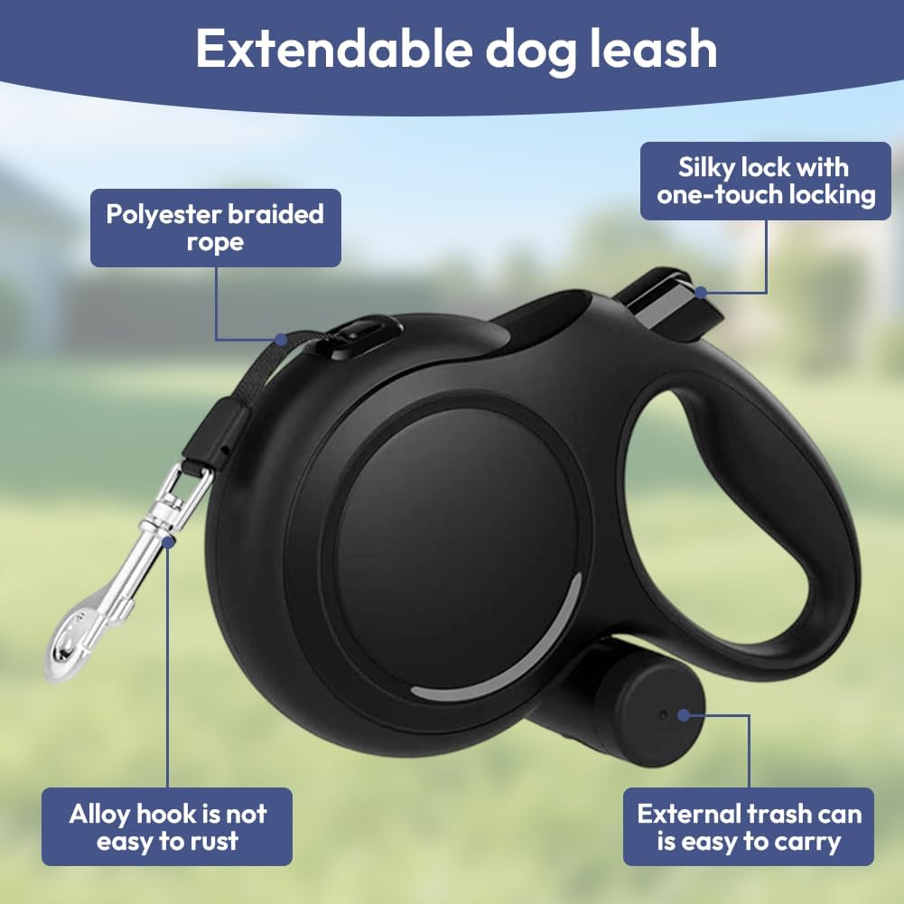 Hundeleine 8m, Einziehbare Hundeleine, Rollleine für Hunde, Rollleine mit Kotbeutelhalter, mit Bissf