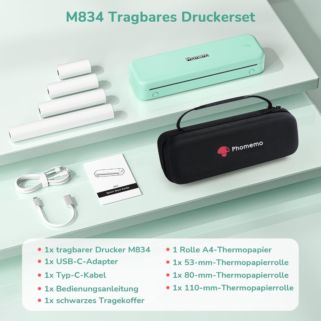Phomemo M834 Thermodrucker A4, Mobiler Drucker A4 für Unterwegs, Büro, Schule, Zuhause, Kompatibel m