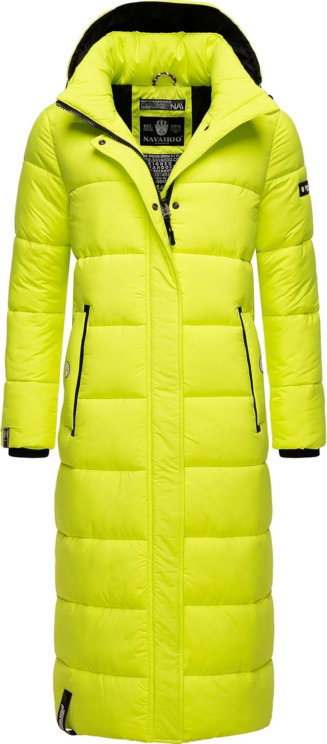 Navahoo Damen Wintermantel Warmer Steppmantel lang mit Abnehmbarer Kapuze Isalie XS-3XL M Neon Green
