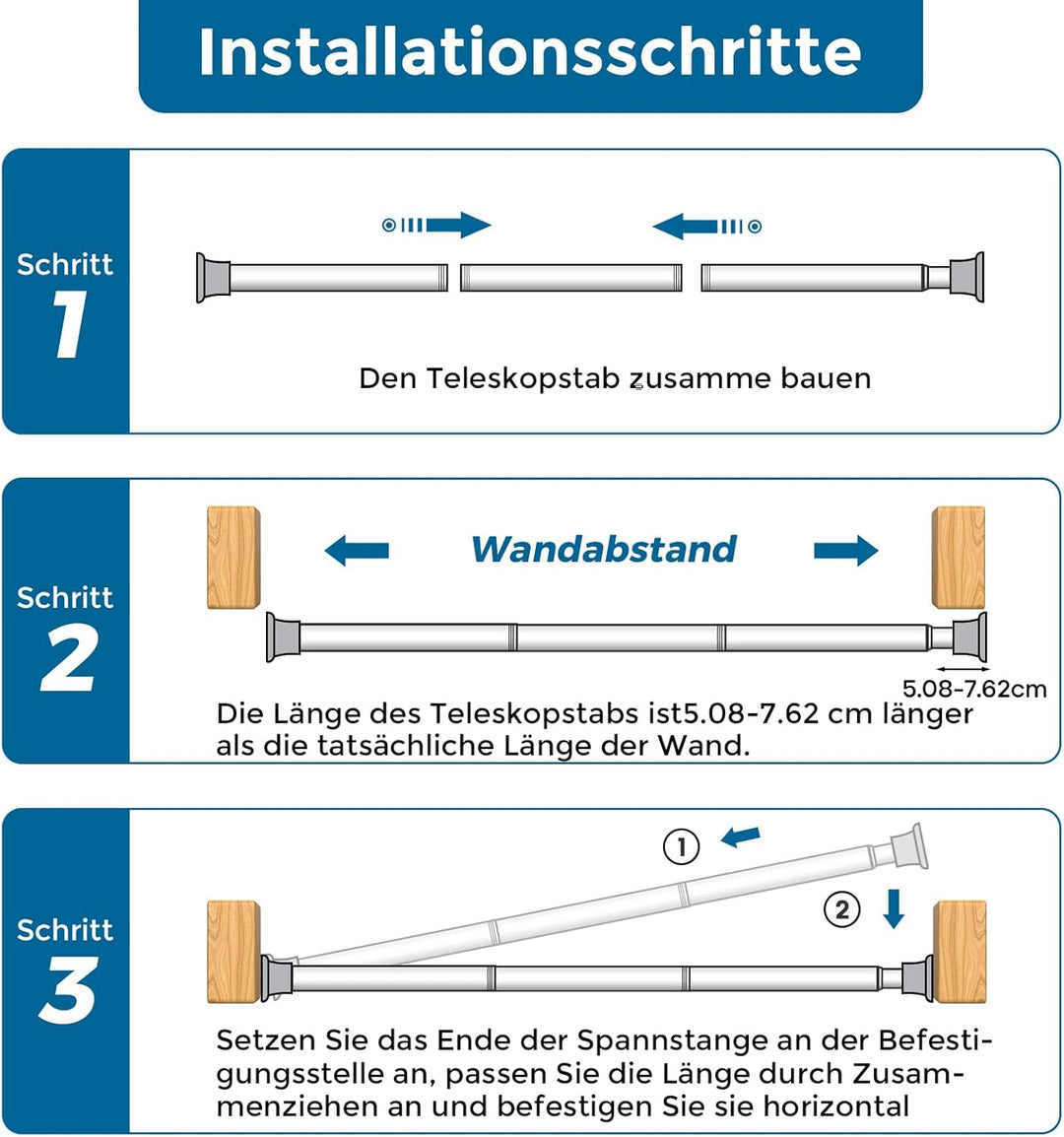 AIZESI Gardinenstange ohne Bohren 60 bis 120 cm, 2 Stück Teleskopstange, Weiss verstellbare Vorhangs