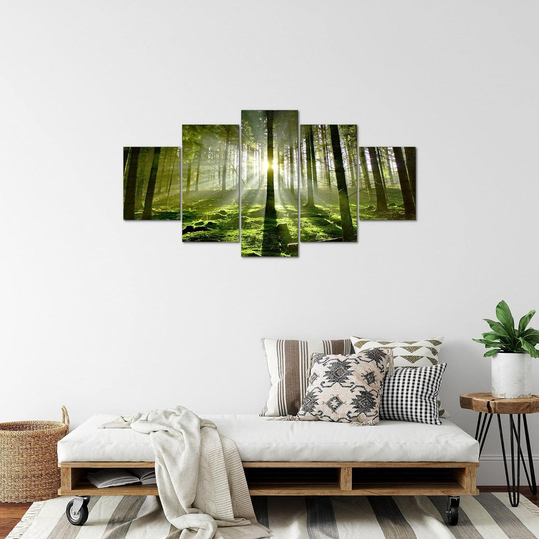 Runa Art Bild Schlafzimmer Wohnzimmer Wald Landschaft 5 Teilig Sonne Grün Wandbilder auf Vlies Leinw