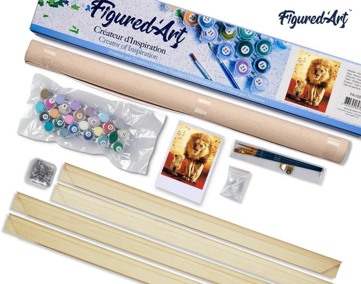Figured'Art Malen Nach Zahlen Erwachsene Mit Rahmen Löwe und sein Junges - Paint by Numbers Basteln