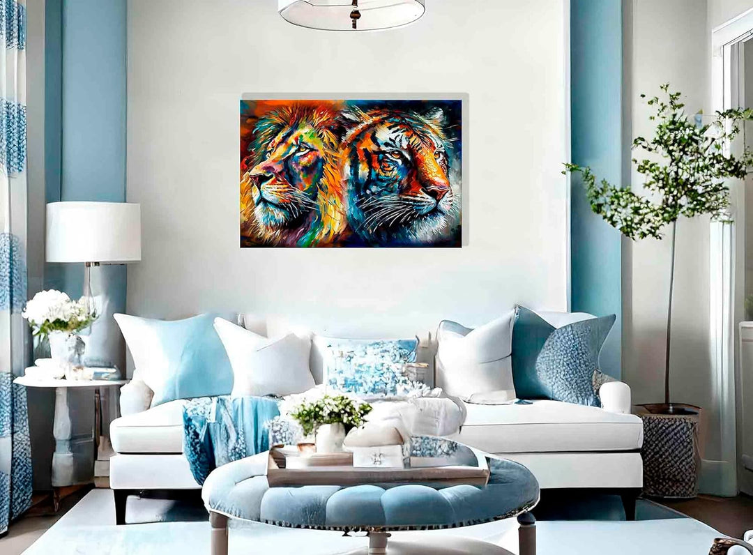 Artley Prints - Löwe und Tiger Collage Bunte Leinwandbilder für Wohnzimmer - Wandkunst für Schlafzim