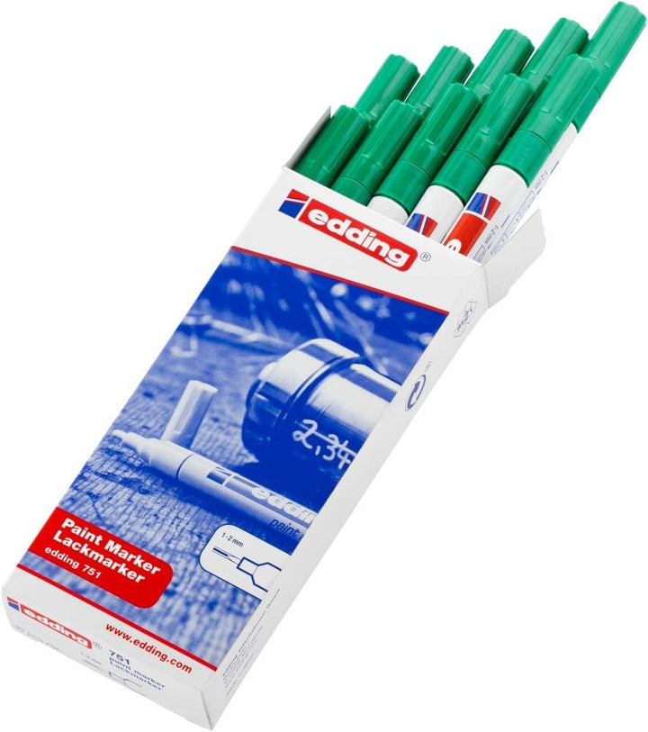 edding 751 Lackmarker - grün - 10 Stifte - Rundspitze 1-2 mm - Lackstift zur Markierung und Beschrif