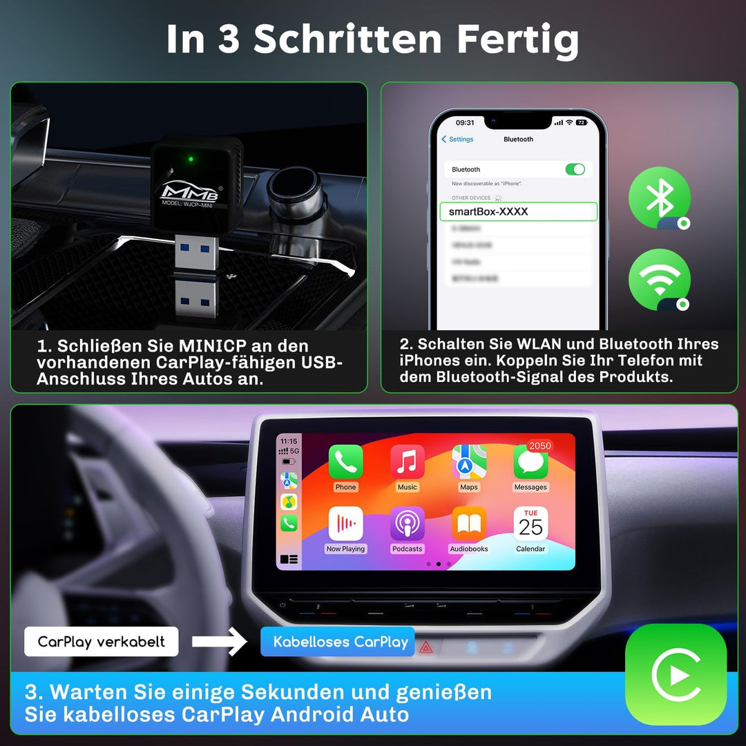 MMB WJCP-MINI CarPlay Wireless Adapter,2024 Upgrade Wireless Car Play Adapter-Dongle, Wandelt Werkse