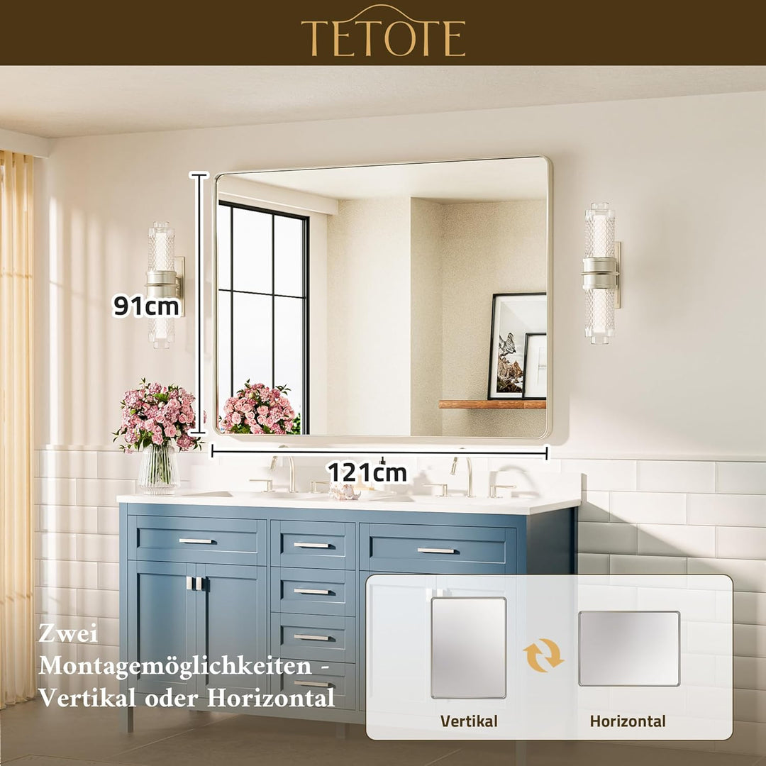 TETOTE 120x90cm Wandspiegel Nickel Ohne Beleuchtung, Rechteckig Badspiegel mit Runder Ecke, Metallra